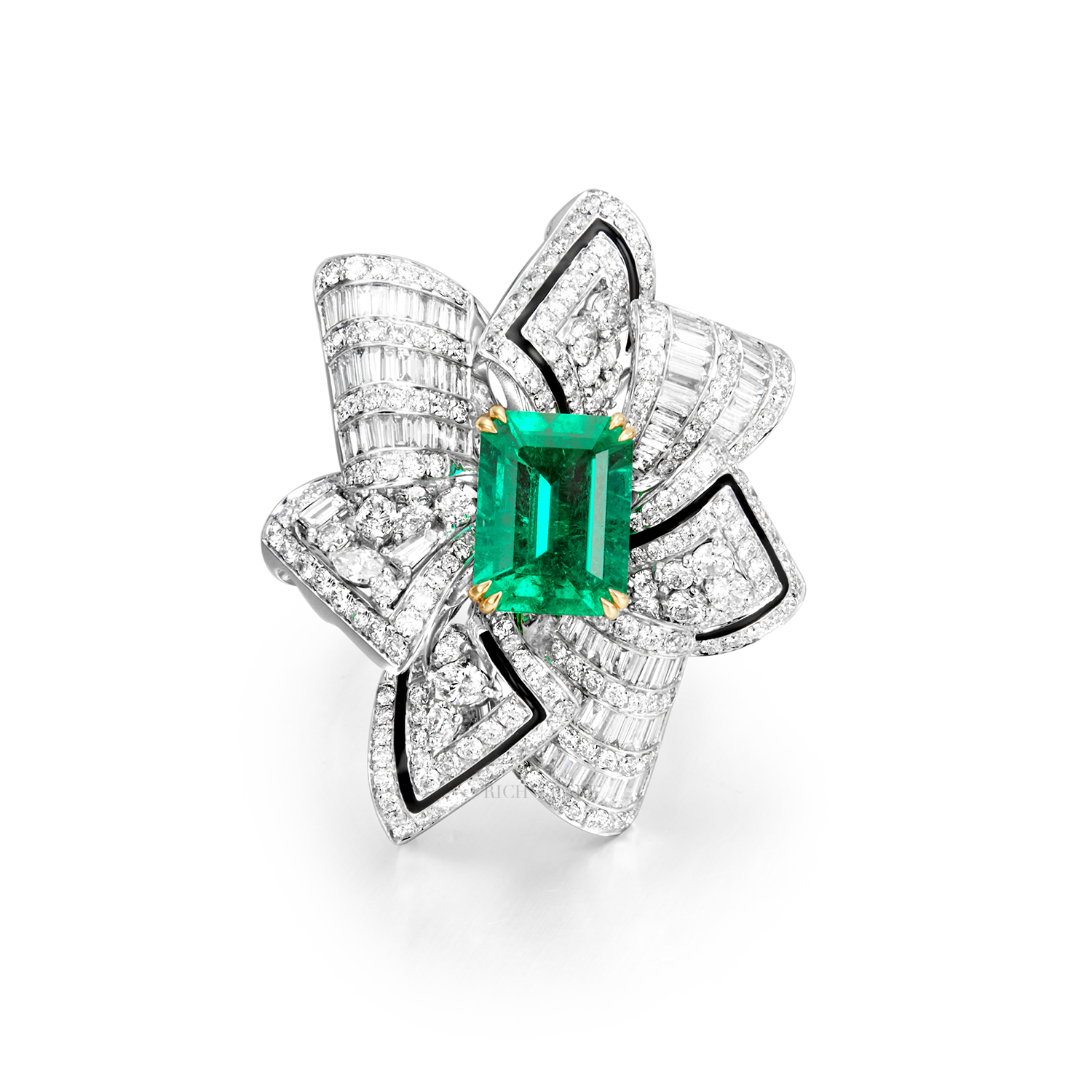 EMERALD, ENAMEL AND DIAMOND 'RIBBON' RING